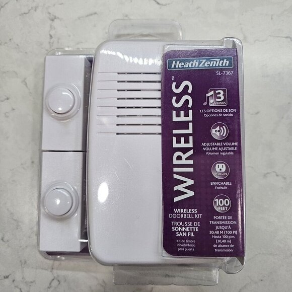 Heath Zenith SL-7367‎ Wireless Doorbell Door Chime Kit, White, 3 Sounds, NEW - Picture 1 of 2